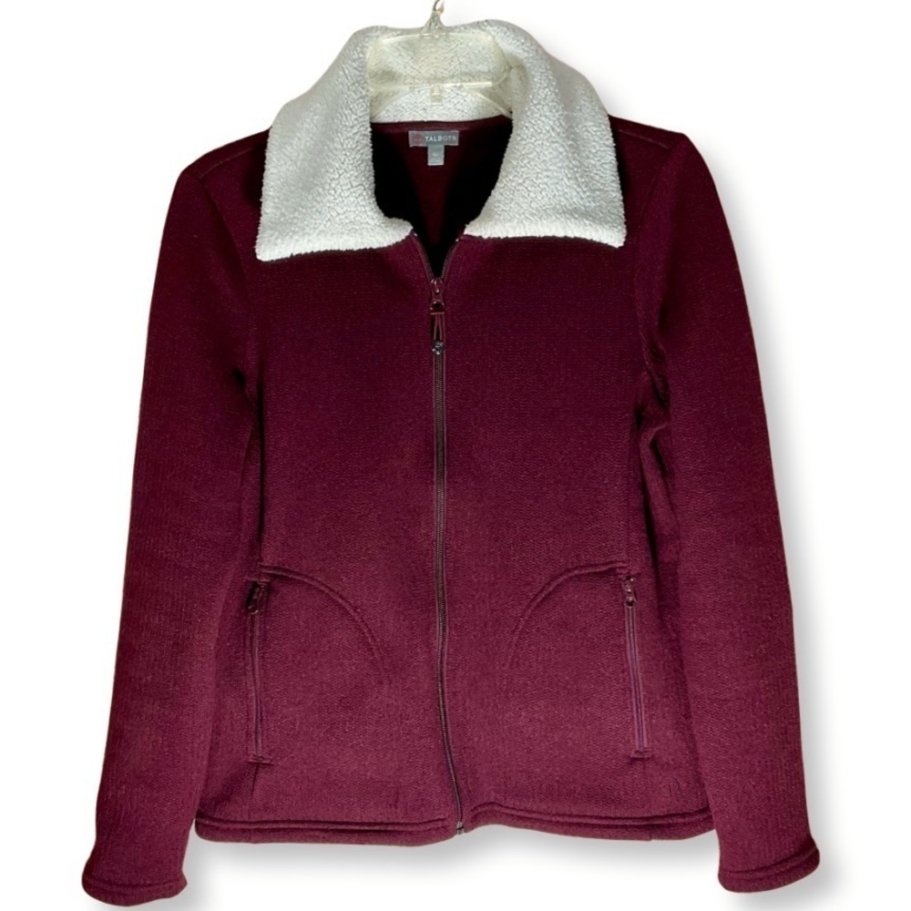 Talbots Ribbed Knit Fleece Jacket Women SP Burgundy White Preppy Zip Up Pockets